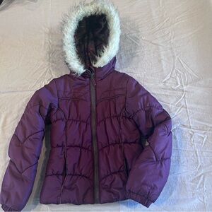 London Fog Kids Plum Puffer Jacket with Faux Fur Hood Size 7/8